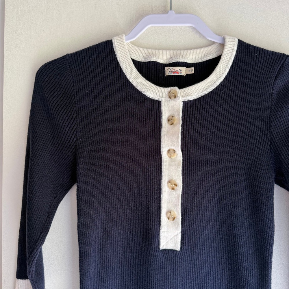 Faherty Navy Blue Organic Cotton Cashmere Ribbed Henley Sweater Stripe WYC0006 - Picture 2 of 9